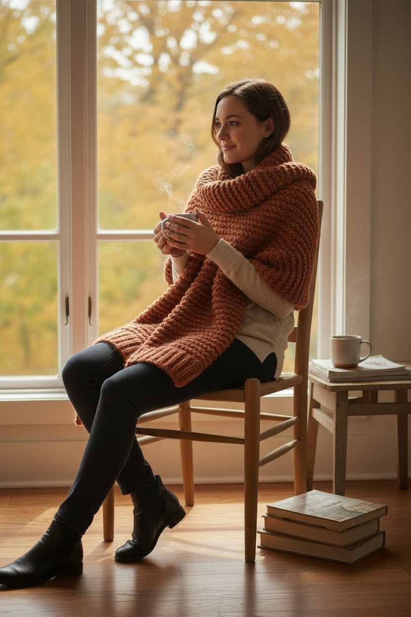 Model view 5 – draped as shawl, indoor autumn lifestyle