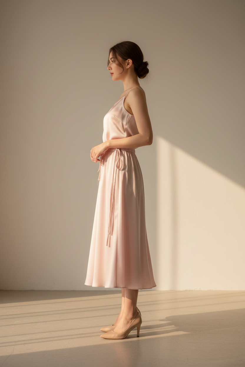 Model side view – A-line silhouette and satin sheen profile