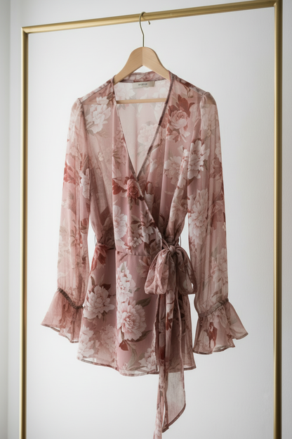 Front view 2 – close-up V-neckline, belt bow and bell sleeve cuff