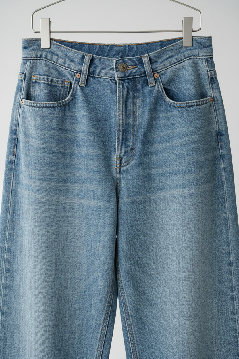 Front view 2 – close-up waistband, button, pockets and whisker fading