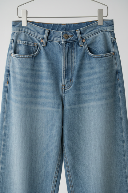 Front view 2 – close-up waistband, button, pockets and whisker fading