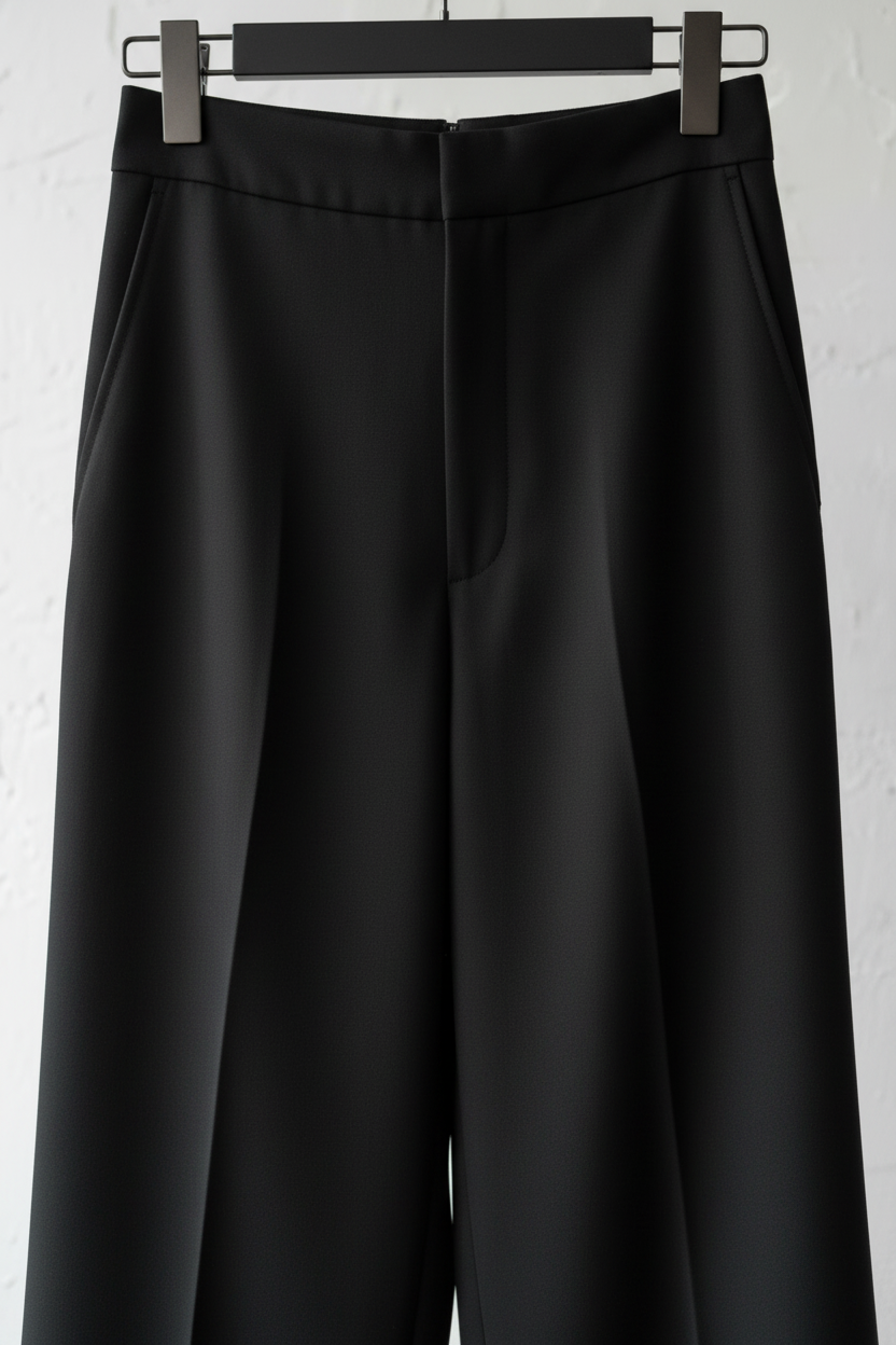 Front view 2 – close-up waistband, zip and pressed crease detail