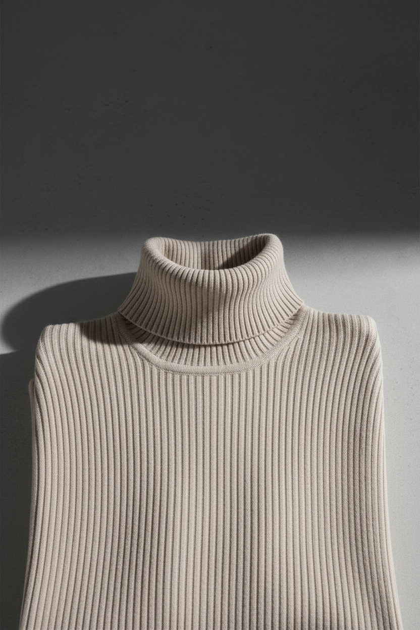 Front view 2 – close-up turtleneck collar and ribbed texture