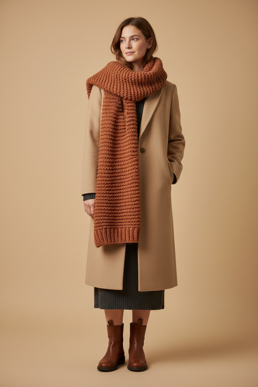 Model view 4 – wrapped around neck with coat, studio shot
