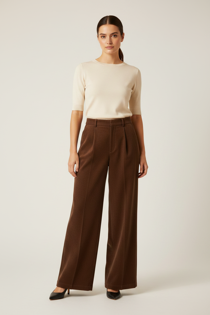 Model front view – full body studio shot with cream top
