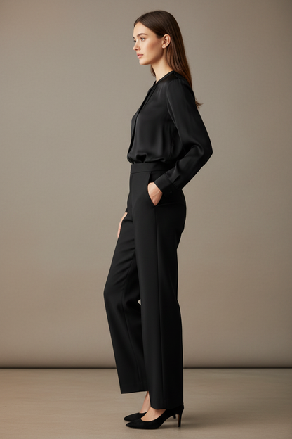 Model side view – straight silhouette and pressed crease profile