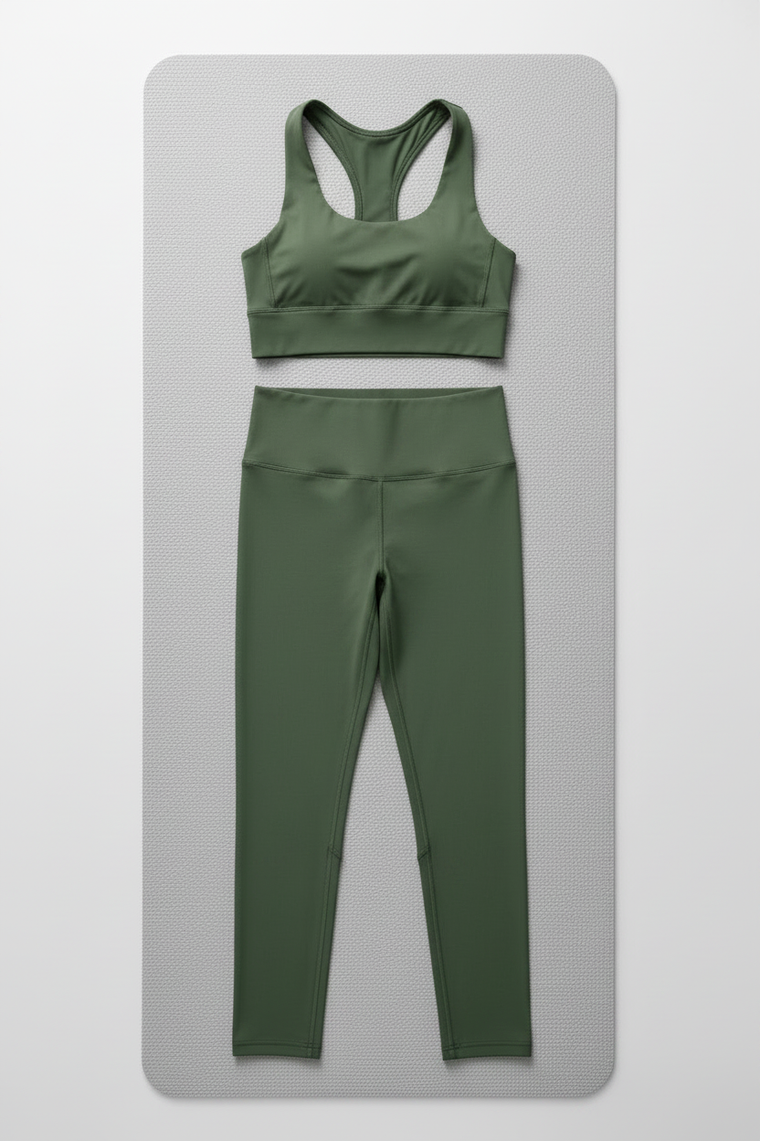 Front view 1 – full set flat lay on grey yoga mat