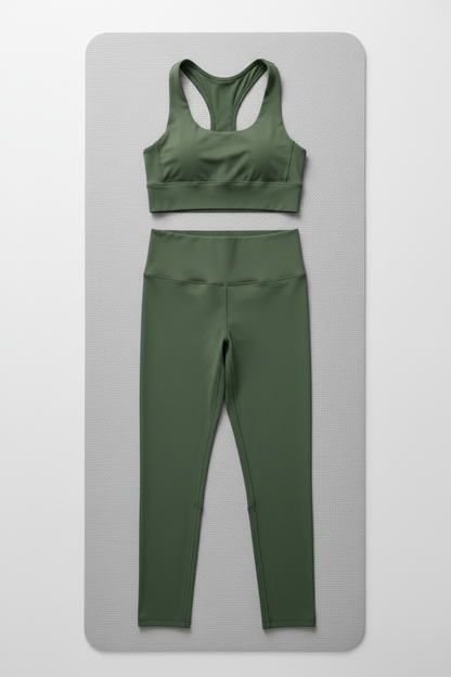 Front view 1 – full set flat lay on grey yoga mat