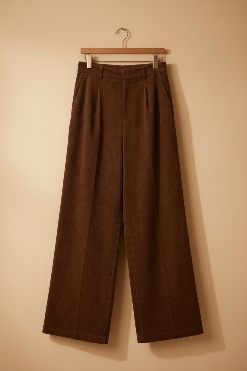 Front view 1 – full length on hanger against warm beige wall