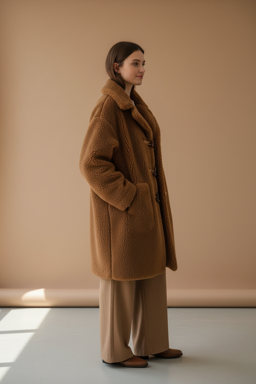 Model side view – coat silhouette and lapel profile