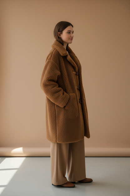 Model side view – coat silhouette and lapel profile