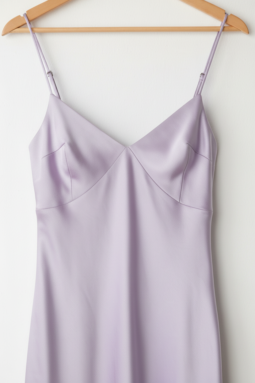 Front view 2 – close-up V-neckline, strap and silver hardware detail