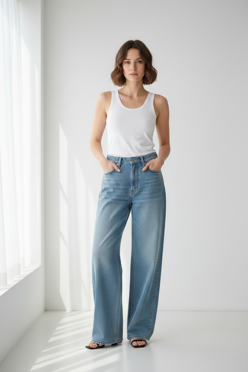 Model front view – full body studio shot with white top