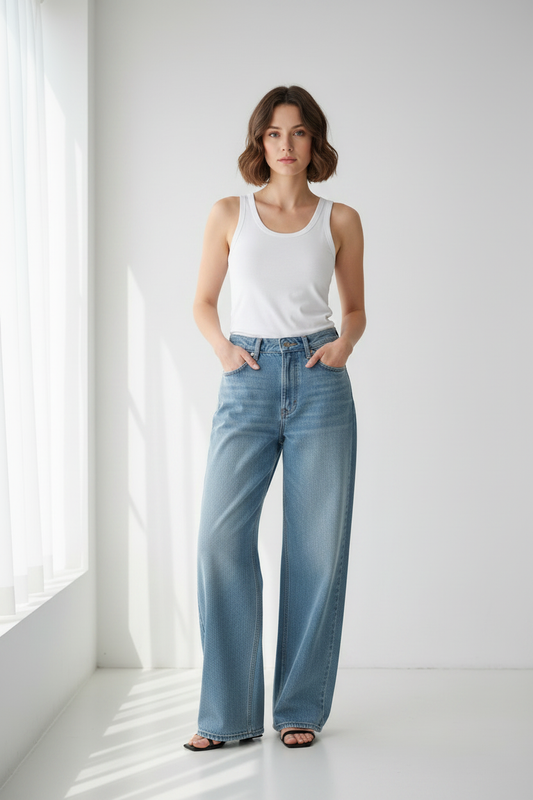 Model front view – full body studio shot with white top