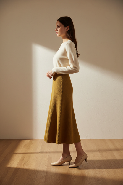 Model side view – A-line silhouette and rib knit texture from side