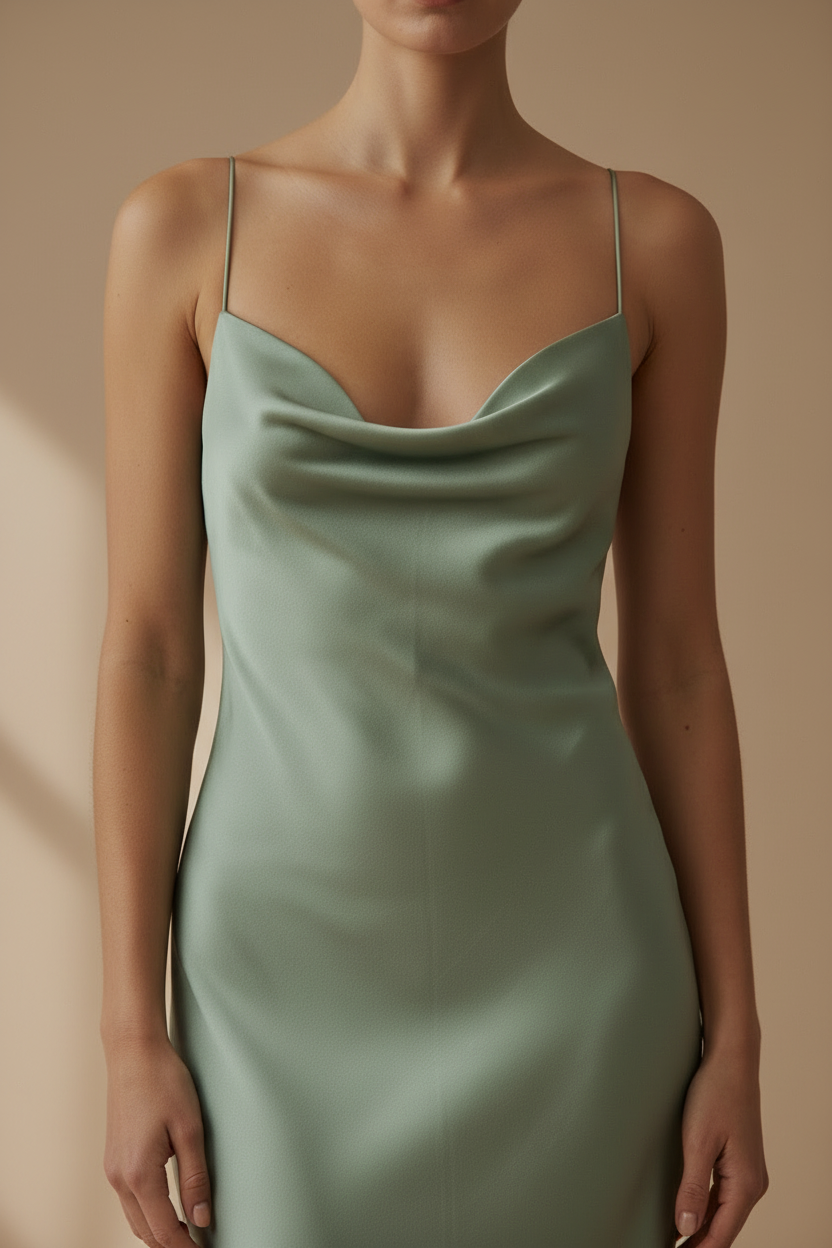 Front view 2 – close-up cowl neckline and strap detail
