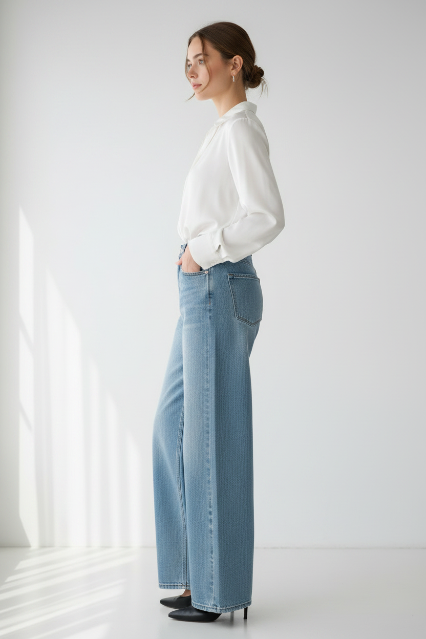 Model side view – wide-leg silhouette and high waistband profile