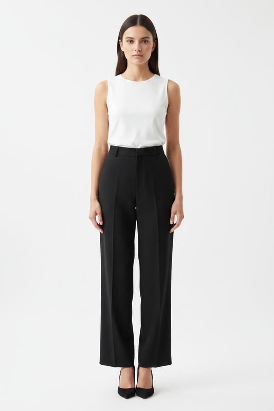 Model front view – full body studio shot with white top