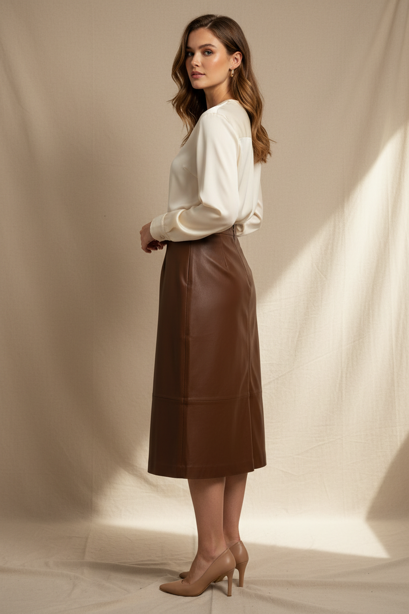 Model side view – showing A-line silhouette and panel seam