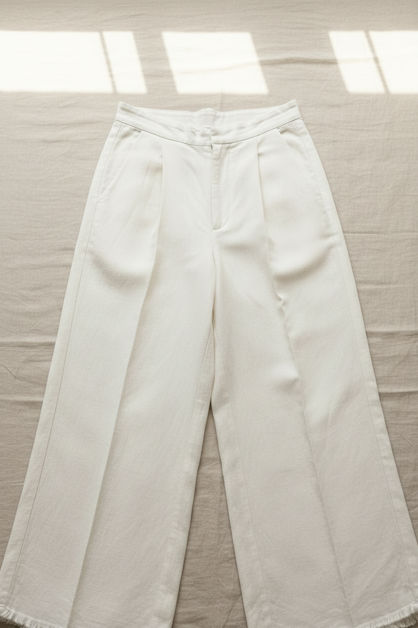 Front view 2 – close-up waistband, button and pleat detail