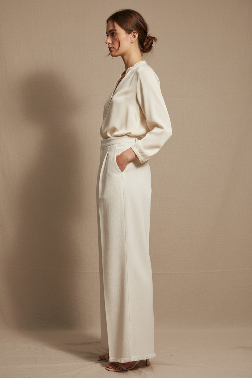 Model side view – wide-leg silhouette and pleat drape from side