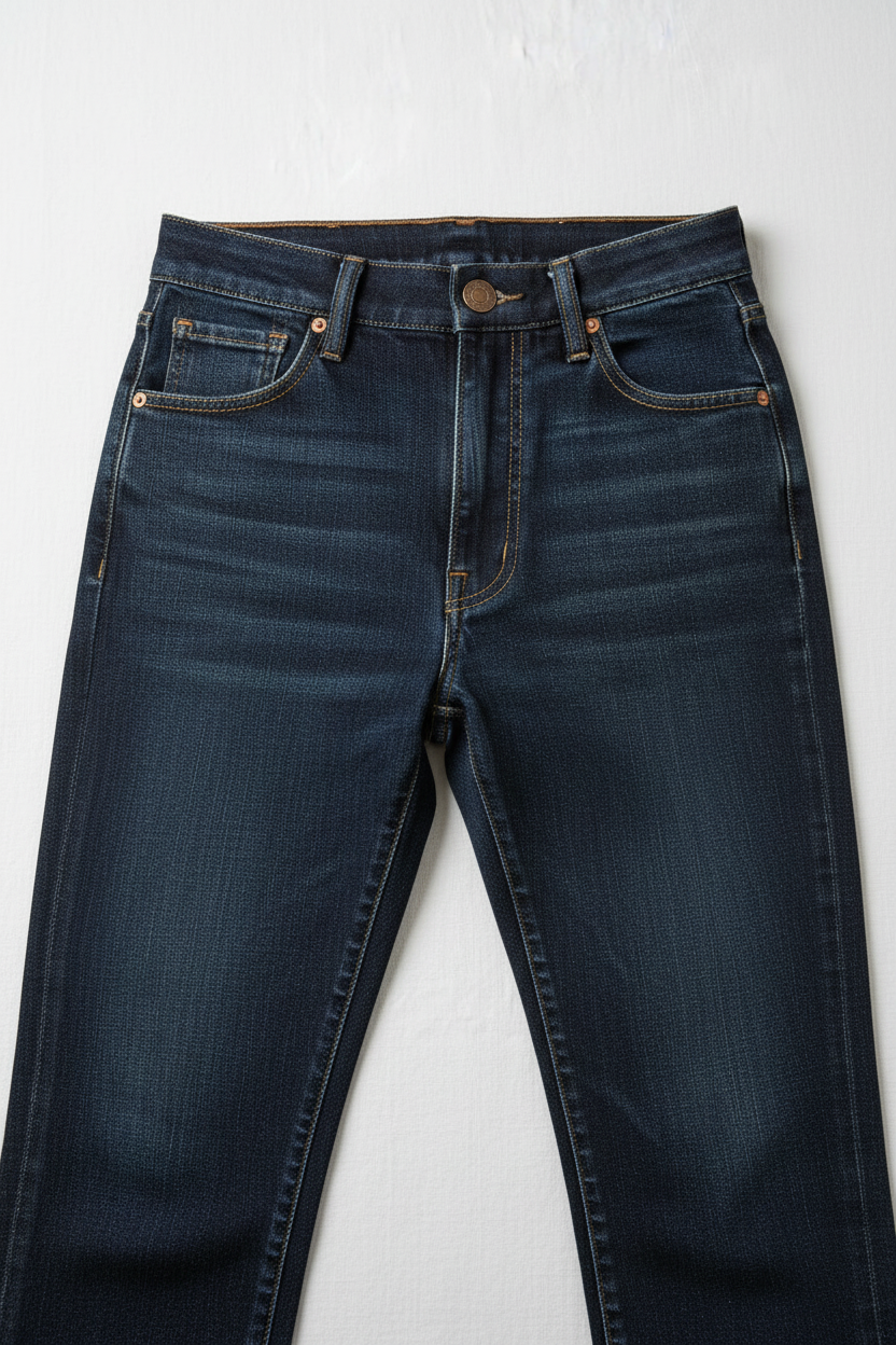 Front view 2 – close-up waistband, button and rivet detail