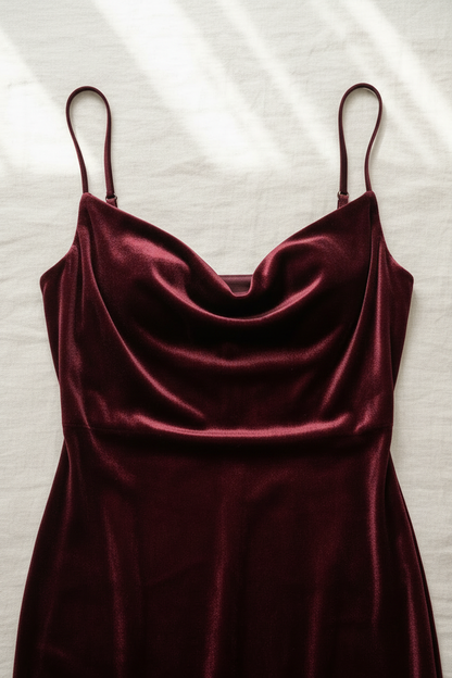 Front view 2 – close-up cowl neckline and velvet texture detail