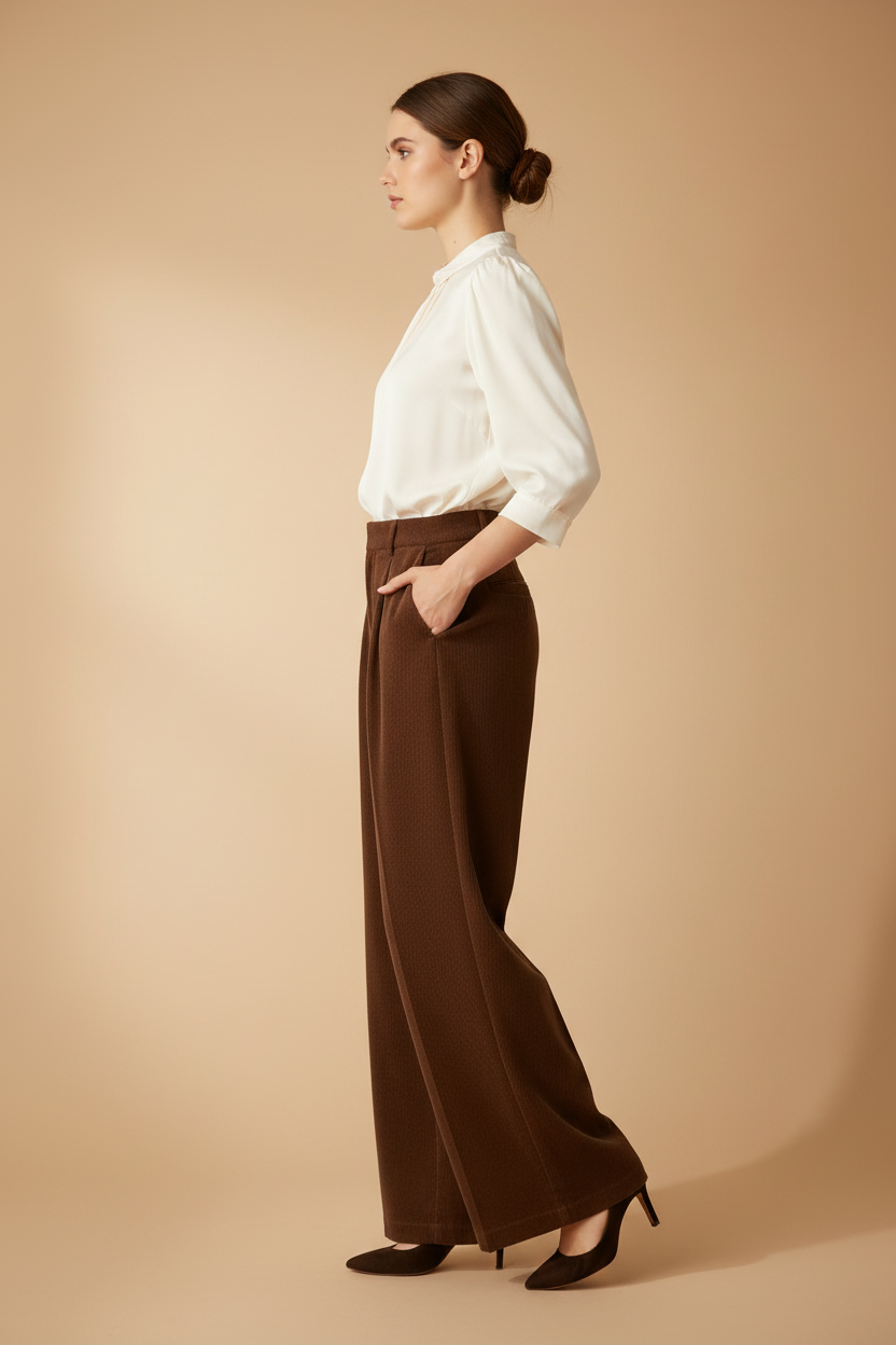 Model side view – wide-leg drape and pleat silhouette from side
