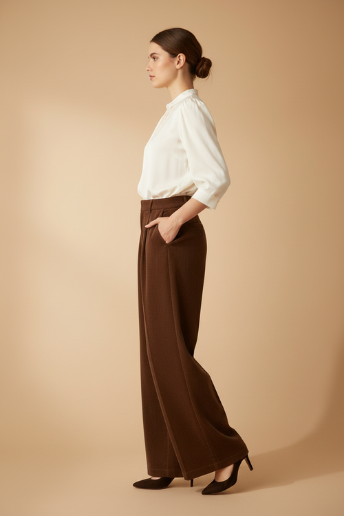 Model side view – wide-leg drape and pleat silhouette from side