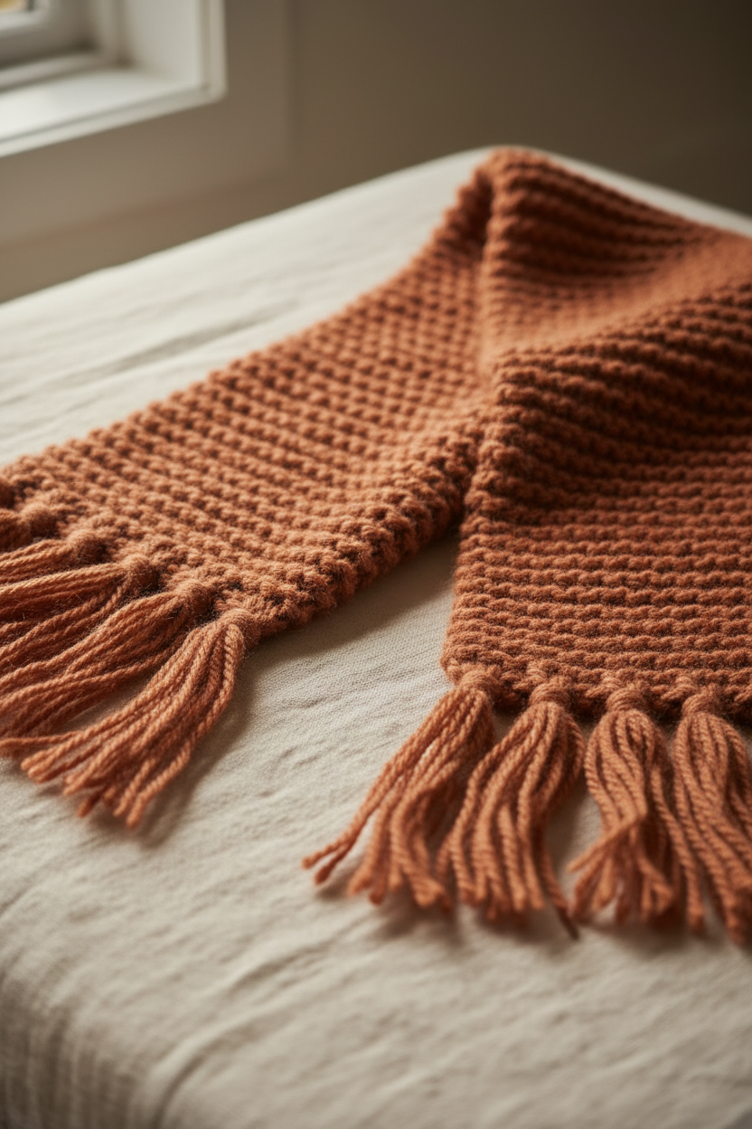 Front view 2 – close-up chunky knit texture and fringe detail